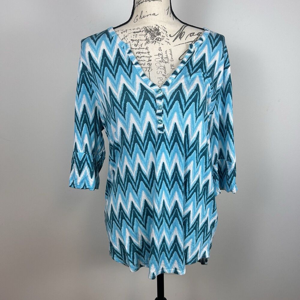 Pixley Chevron Top L Blue White Stretch Blouse 3/4 Sleeve Casual Work